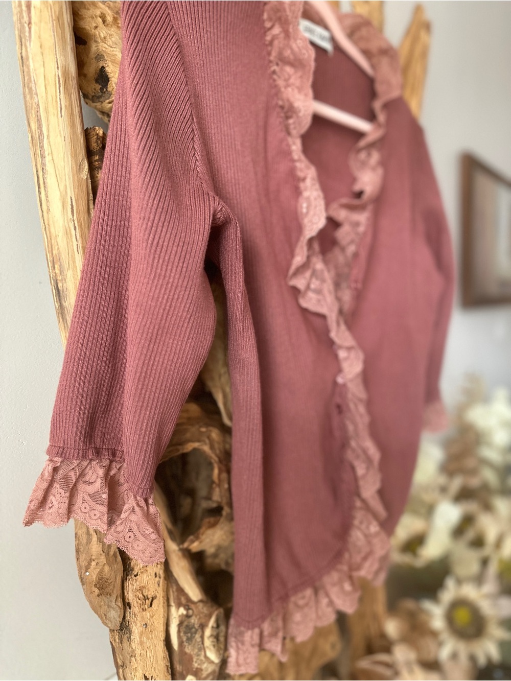 Grace Karin Dusty Rose Ruffle-Trim Ribbed Cardigan - Picture 2 of 5